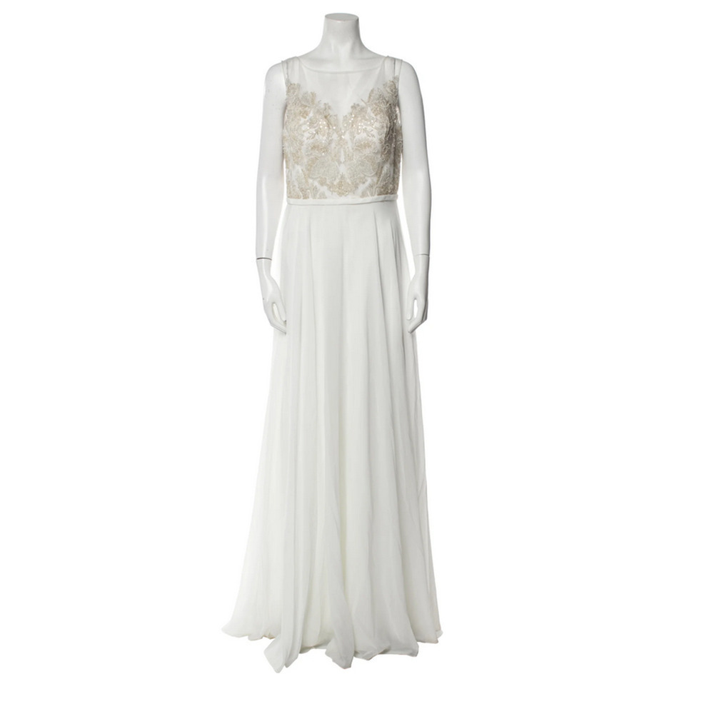NWD La Femme Women's Lace Bateau-Neck Embroidered Long Gown Size 10 White 2C452